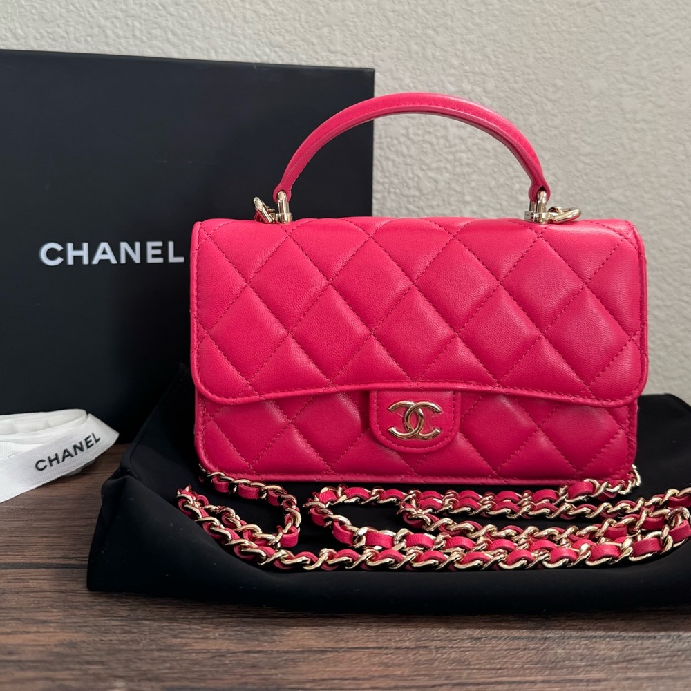 CHANEL Top Handle Quilted Lambskin Leather Flap Phone Crossbody on Chain